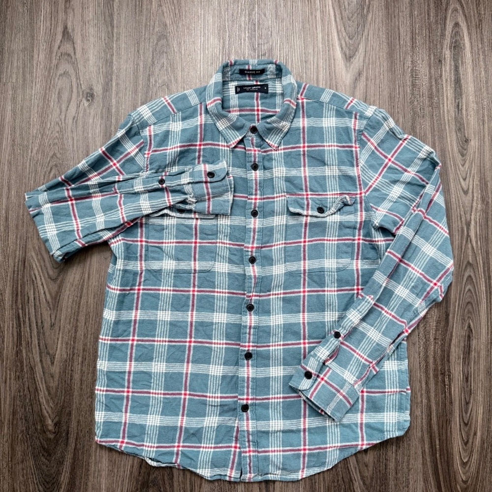Lucky Brand Classic Fit Plaid Flannel Shirt Medium Blue Red White Long Sleeve - Picture 2 of 9